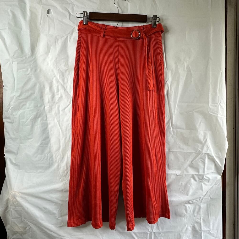 Bershka Medium Orange Woman's Wide Leg Ribbed Pull On Cropped Trousers Belted